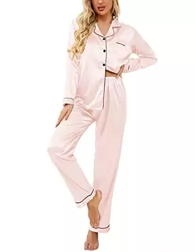 Ekouaer Women's Classic Button Down Long Satin Silk Pajama Set,Medium,Pastel Pink