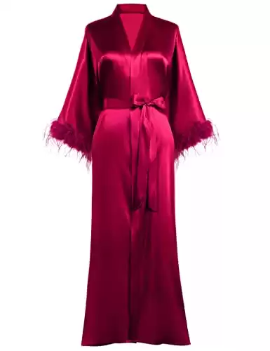 PRODESIGN Satin Kimono Robe Long Silky Bath Robe with Ostrich Feather Trim Sleepwear Wedding Bridesmaid Robe