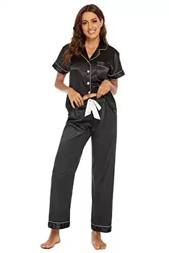 ANNA&CHRIS Womens Satin Pajamas Set Short Sleeve Silk Pajamas Two Piece Button Down Sleepwear Loungewear Black S