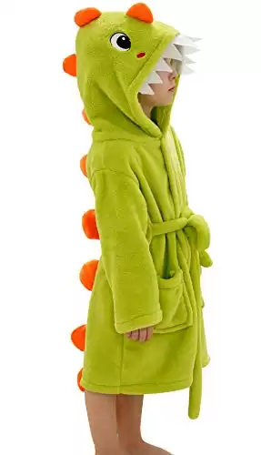 ABSMM Boys Girls Bathrobe Kids Toddler Cartoon Dinosaur With Tail Hooded Sleep Robe (Green, 6-7 Years)