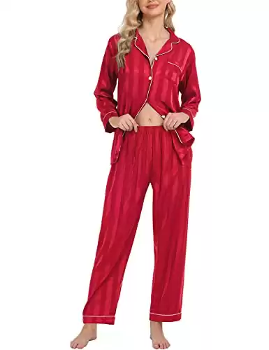 SWOMOG Womens Silk Satin Pajamas Loungewear Two-piece Sleepwear Button-Down Pj Set Red Wide Stripes Small