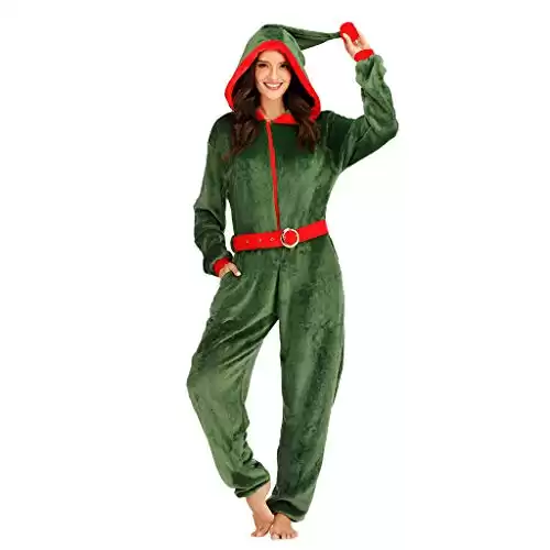 Megartico Christmas Women Elf Onesie Hooded Fleece Pajamas Costume for Adult Green Jumpsuit Perfect Family Pajamas Party Outfits