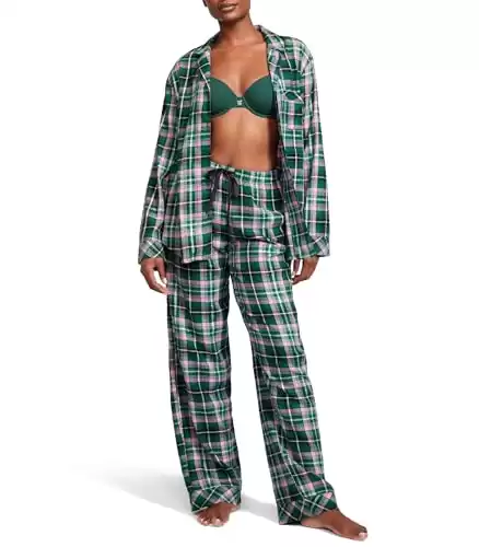 Victoria s Secret Flannel Pajama Set 2 Piece Lounge Wear for Women, Green (XS)