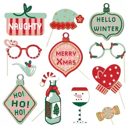 NICROHOME Christmas Photo Booth Props, 12 PCS DIY Xmas Theme Photography Backdrop Decoration, Funny Selfie Posing Signs for Christmas, New Year Party, Winter Festival Decor