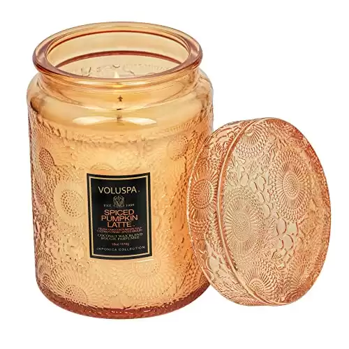 Voluspa Spiced Pumpkin Latte, Large Candle Jar, 18 Ounce, 100 Hour Burn Time, All Natural Wicks & Coconut Wax for Clean Burning, Vegan, Poured in the USA