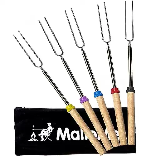 MalloMe Sticks, 5 Pack - Stainless Steel Marshmallow Roasting Forks, 32'' Telescoping Smores Kit - Camping Essentials for Fire Pit Cooking Equipment