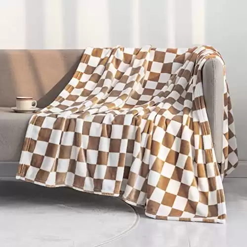 LOMAO Throw Blankets Flannel Blanket with Checkerboard Grid Pattern Soft Throw Blanket for Couch, Bed, Sofa Luxurious Warm and Cozy for All Seasons (Khaki, 50 x60 )