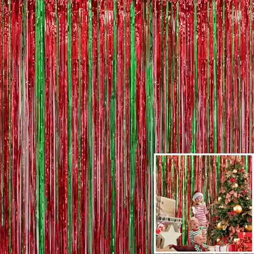 4 Pack Christmas Decoration Backdrop - 3 ft x 8 ft Foil Fringe Curtains Tinsel Curtain Party Photo Backdrop for Birthday Xmas Holiday Party Decor