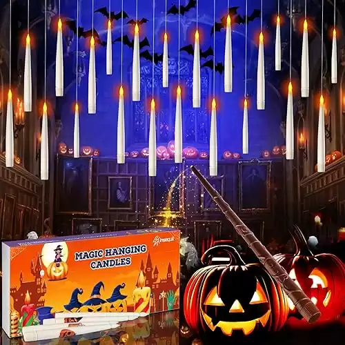 Halloween Decorations, 20pcs Floating Candles with Wand Remote, Flickering Warmer Light Flameless Candles, Magic Hanging Candles with DIY Sticker, Halloween Decorations Decor Indoor Outdoor Party (20)