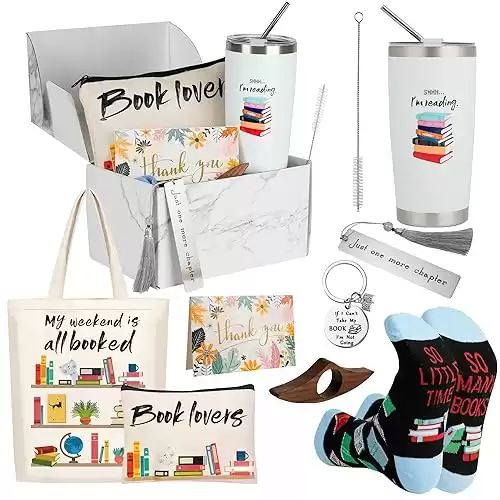 Kolewo4ever 11 Pieces Book Lovers Gifts Box Set Insulated Tumbler,Tote Bag,Makeup Bag,Socks,Keychain,Bookmark,Flipper