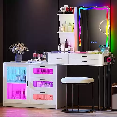 Lvifur RGB Makeup Vanity Desk with Lights, Glass Top Vanity Table with 24 Color Dimmable Lights, Large Vanity Set with 8 Drawers, Dressing Table with Cushioned Stool