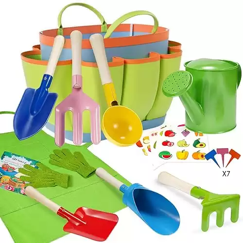 Kids Gardening Set 14Pcs Gardening Tools for Kids with Tote Bag,Watering Can, Shovel, Apron, Garden Book and More Educational STEM Learning Outdoor Indoor for Toddlers Kids Boys Girls