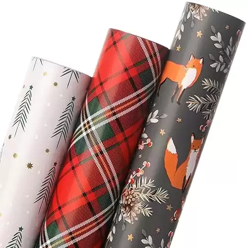 Ribbli Christmas Wrapping Paper 3 Rolls Christmas Tree Plaid Fox Printed Assortment - Mini Roll 17 inch x 120 inch(10feet) Per Roll