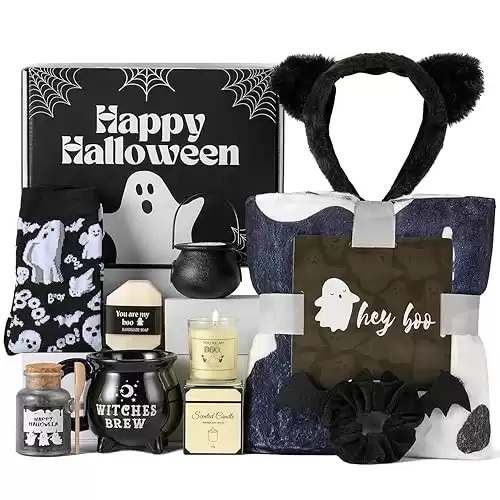 Boo Basket Gifts for Women Teen Girls, Boo Basket Stuffer With Witch Brew Mug Boo Throw Blanket Scented Candle Relaxing Sap Gifts for Family Friends