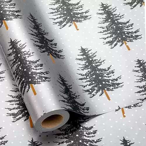 MAYPLUSS Christmas Gift Wrap Trees - 17 Inch X 33 Feet - Silver White Minimalist Christmas Trees Wrapping Paper Winter Festive Forest Present Sheet for Christmas, Holiday, Seasonal Celebration