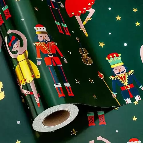 MAYPLUSS Christmas Wrapping Paper Roll - 17 Inch X 33 Feet - Vintage Metallic Foil Green and Gold Nutcracker Ballet Holiday Present Gift Wrap Paper for Christmas, Party, Winter Festive Celebrations